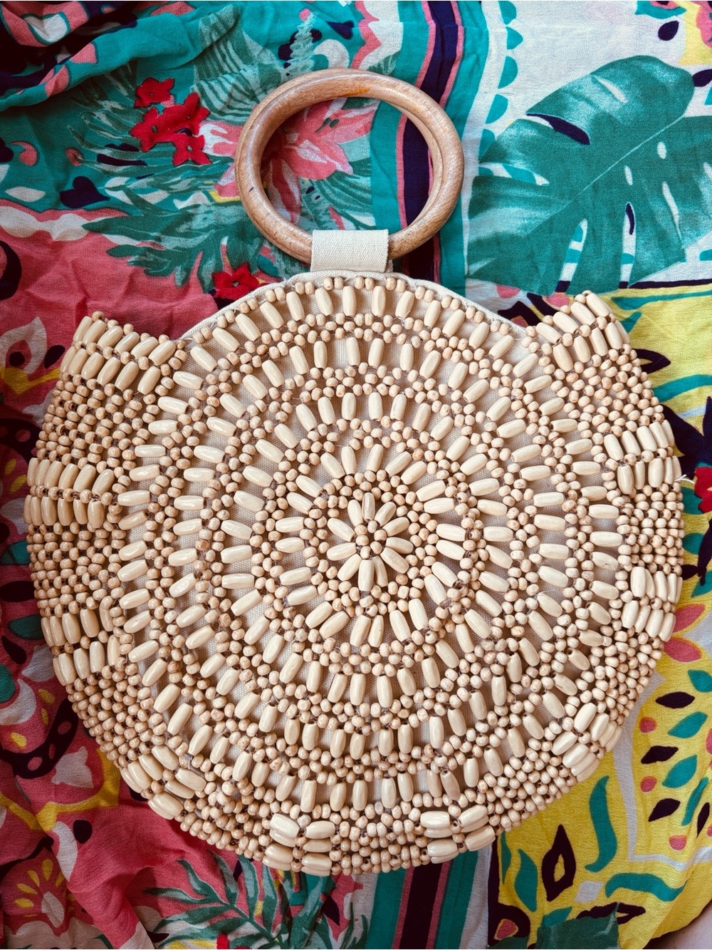 Handmade Natural Wooden Beaded Round Handbag Snap Close Cotton Lined Tote Purse - Picture 15 of 15